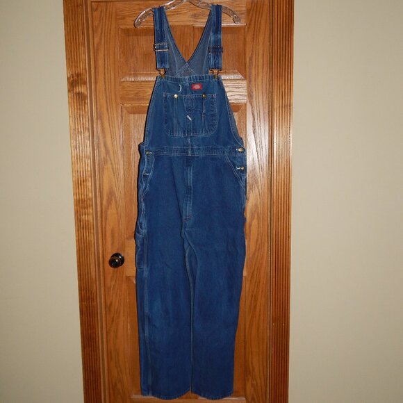 Dickies Bib Overalls Men's Size 46x32 Blue Denim Jean Carpenter Workwear Pants - Picture 1 of 5